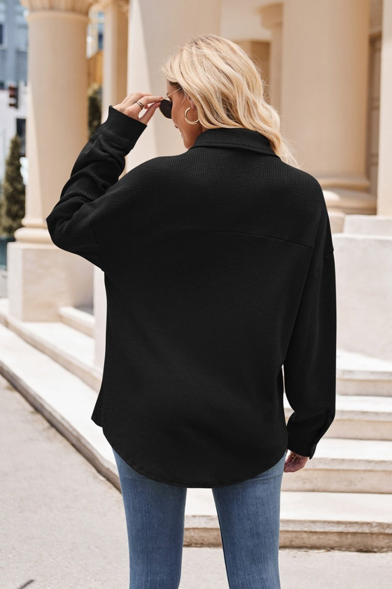 Waffle Knit Button Down Loose Fit Pocket Shirt Top