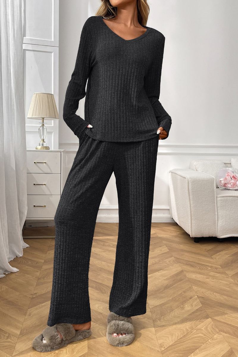 Womens Ribbed Knit Lounge Set Off Shoulder Pajama