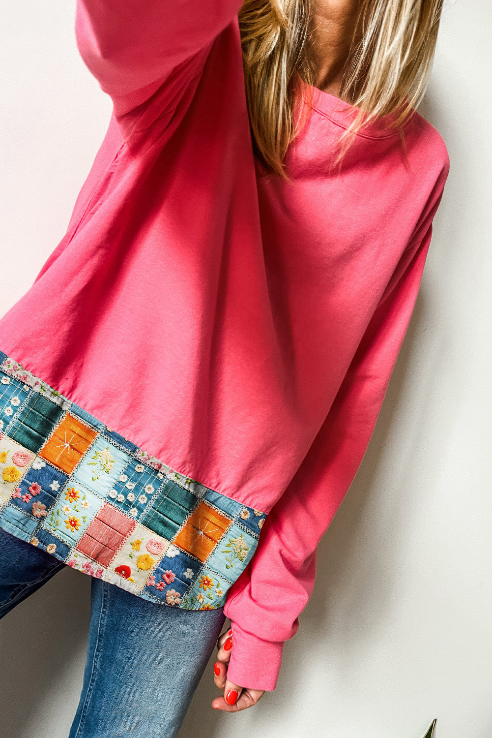 Strawberry Pink Floral Hemline Patchwork Casual Top