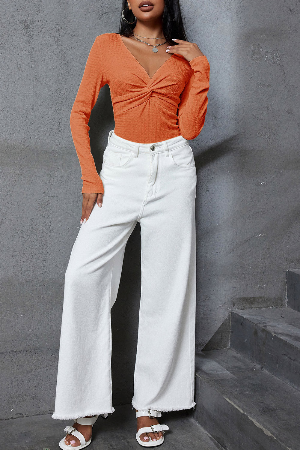 Textured Twist Front V Neck Long Sleeve Top