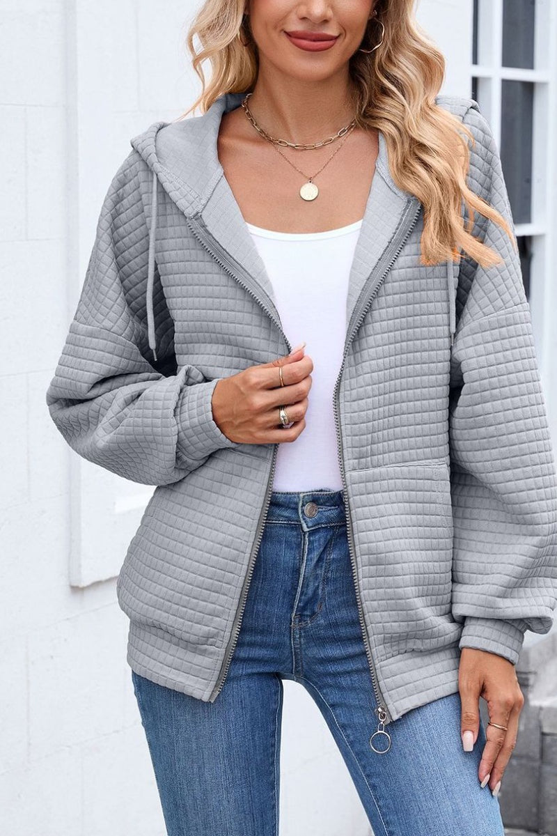 Quilted Zip-Up Hoodie Casual Long Sleeve Sweatshirt