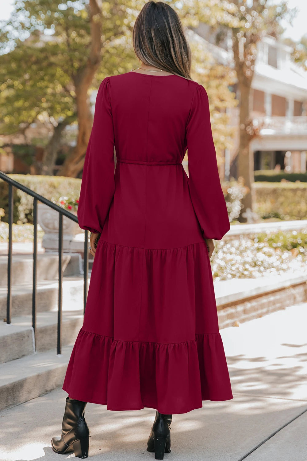 Solid Long Sleeve Button V Neck Tiered Maxi Dress