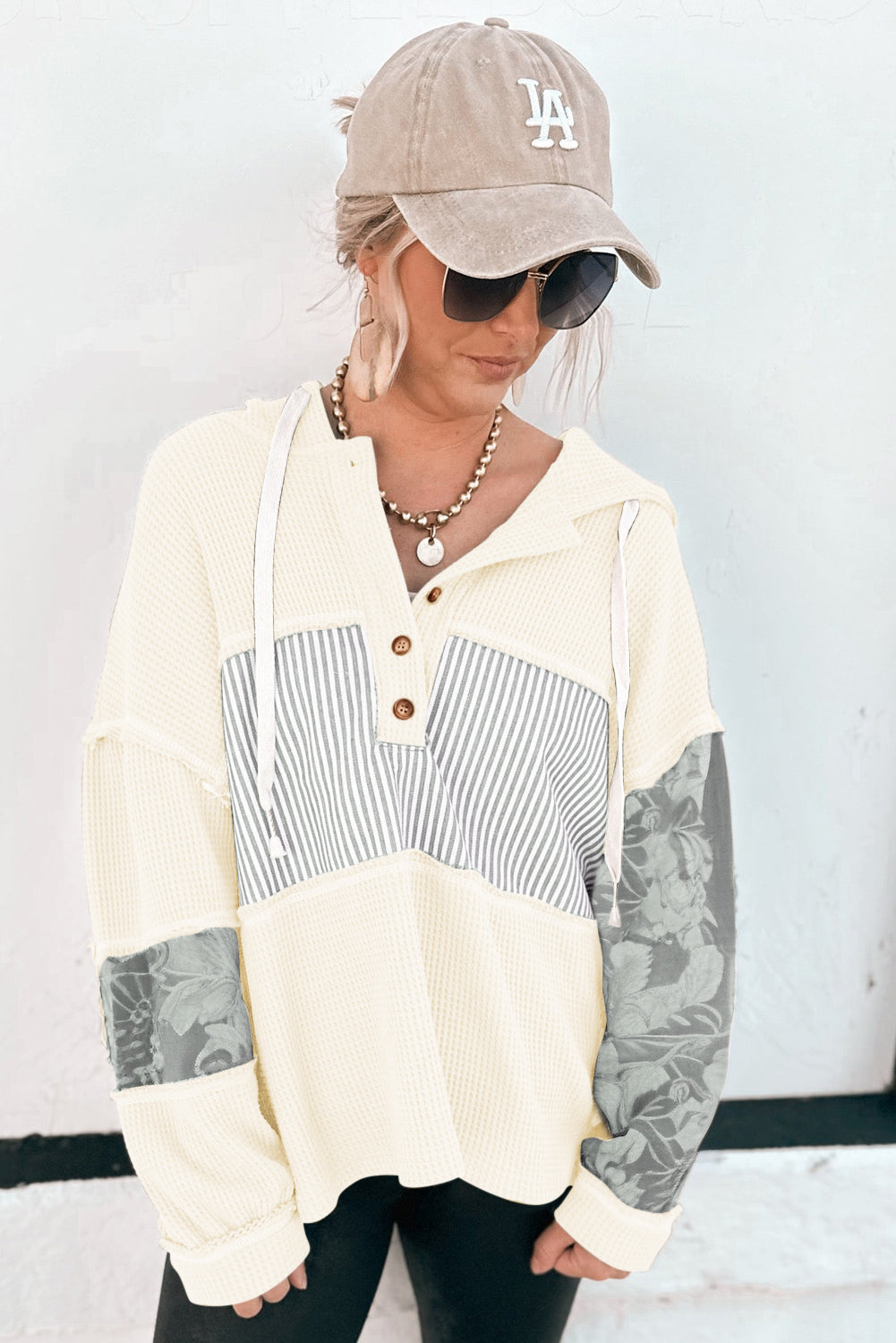 Waffle Patchwork Stripe Print Hooded Long Sleeve Top