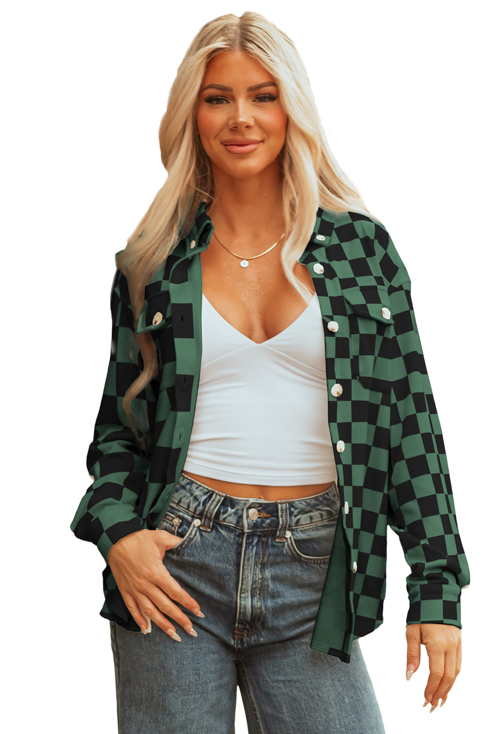 Checkerboard Flap Pocket Button Front Shacket