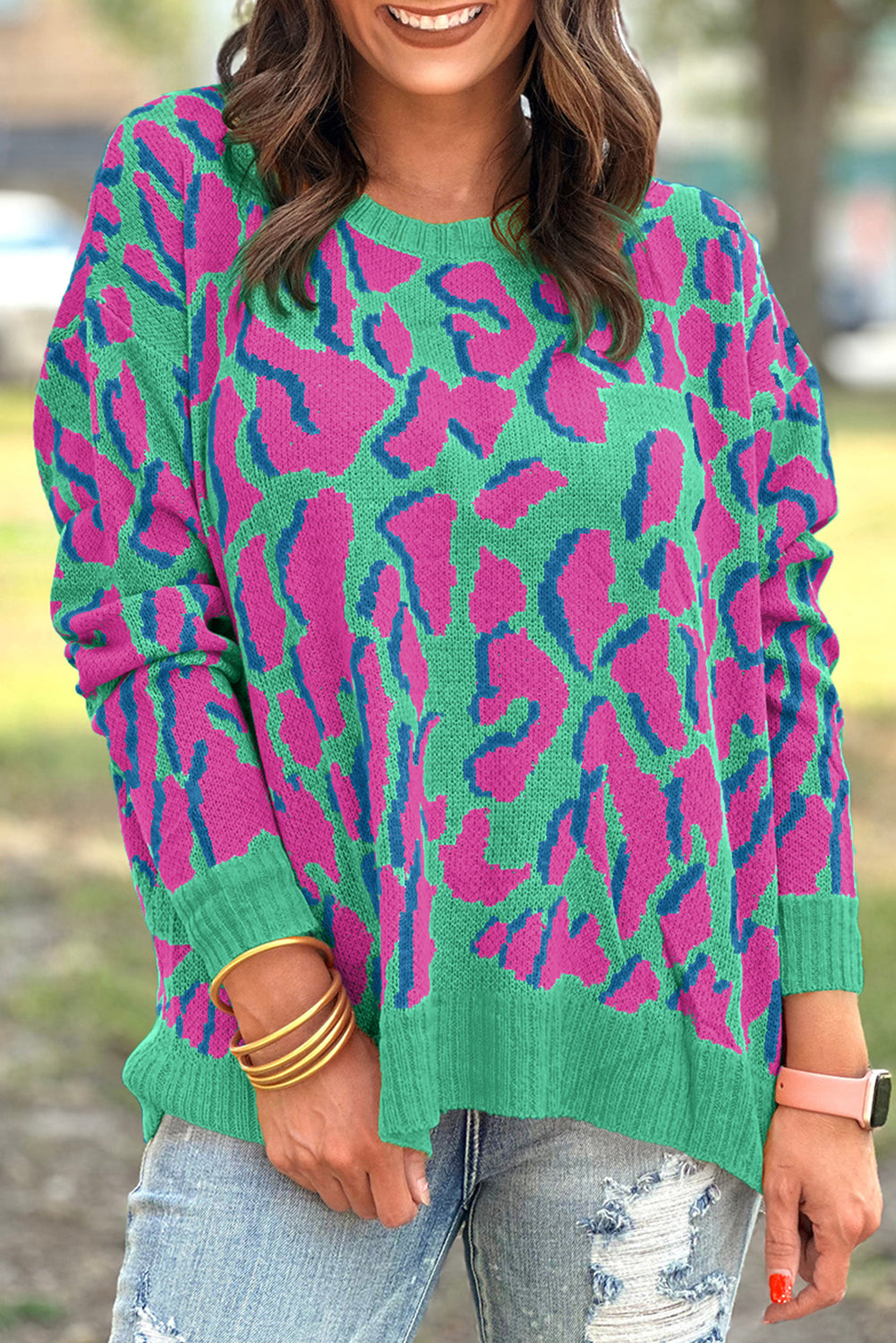 Vitality Orange Abstract Leopard Knit Sweater