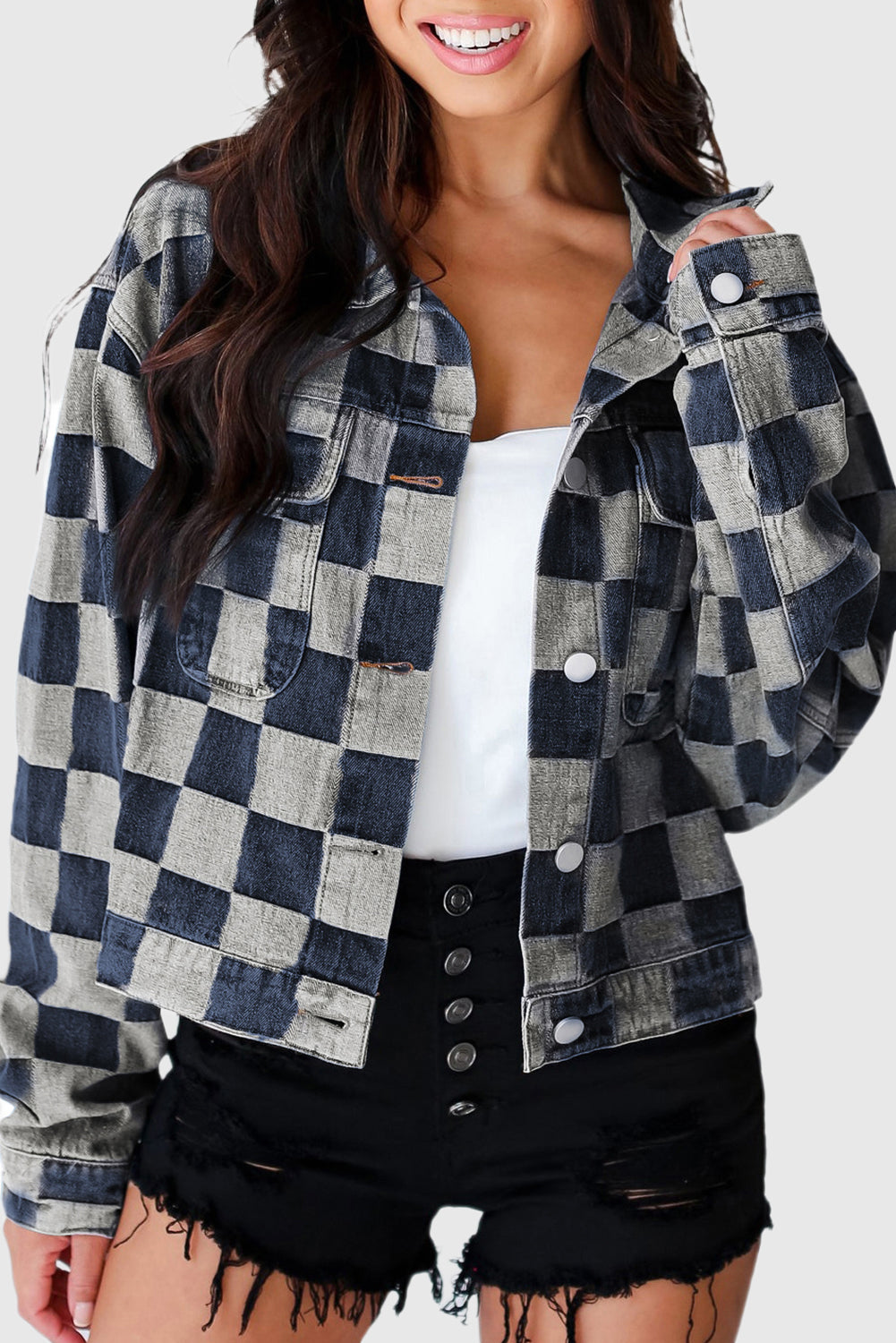 Checkered Patchwork Button up Denim Jacket