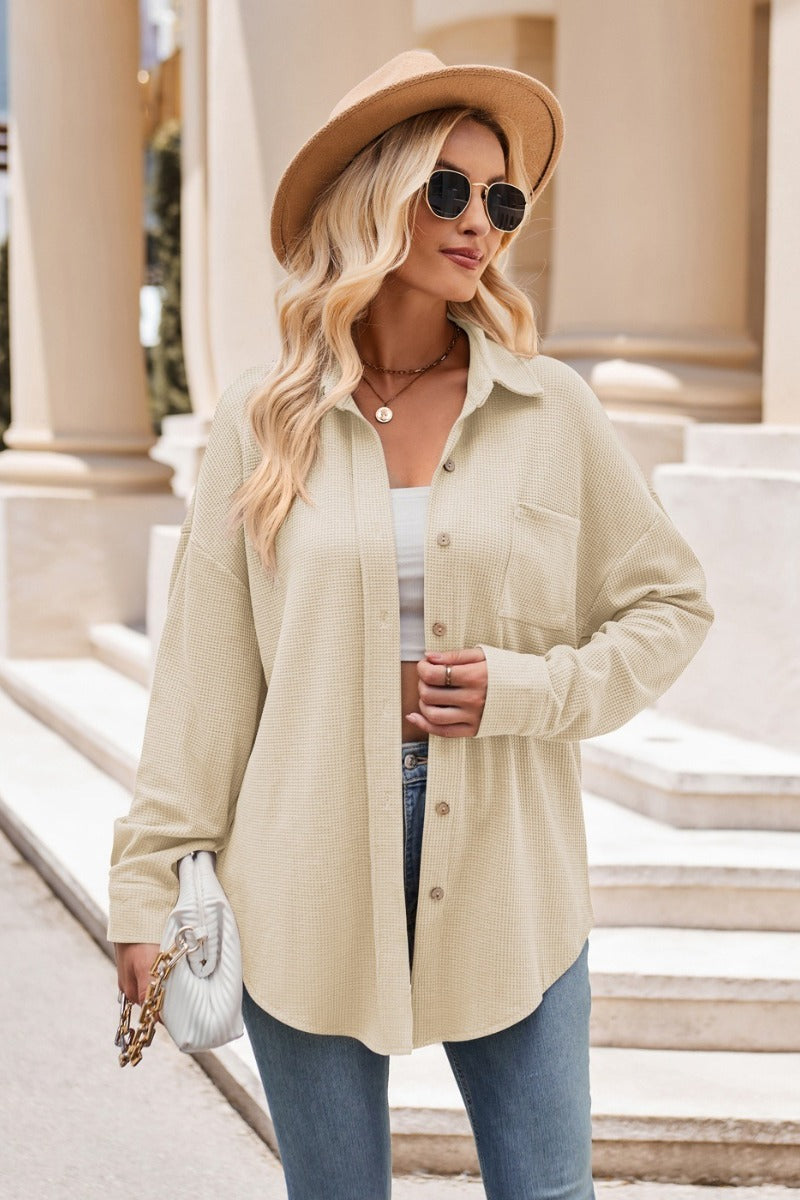 Oversized Waffle Knit Button Down Casual Shirt Top