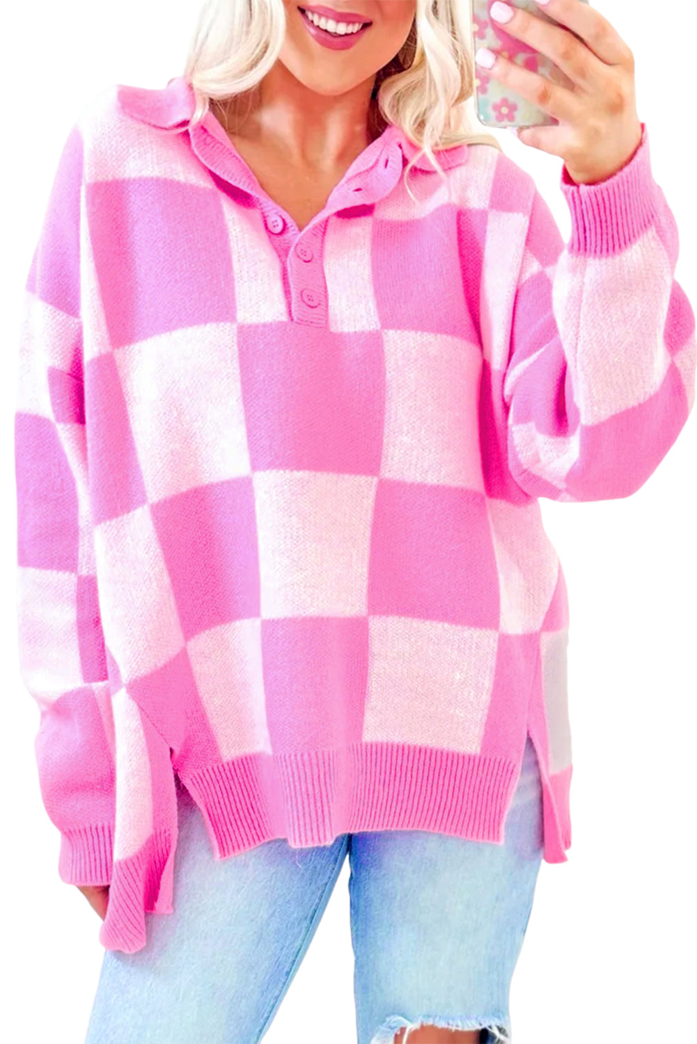 Checkerboard Half Button Collared Drop Shoulder Sweater