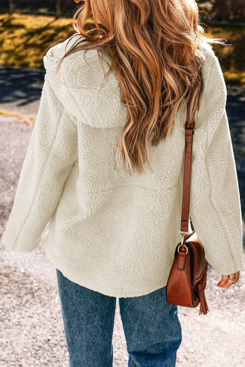 Pale Khaki Fleece Zip-Up Hooded Jacket with Drawstring