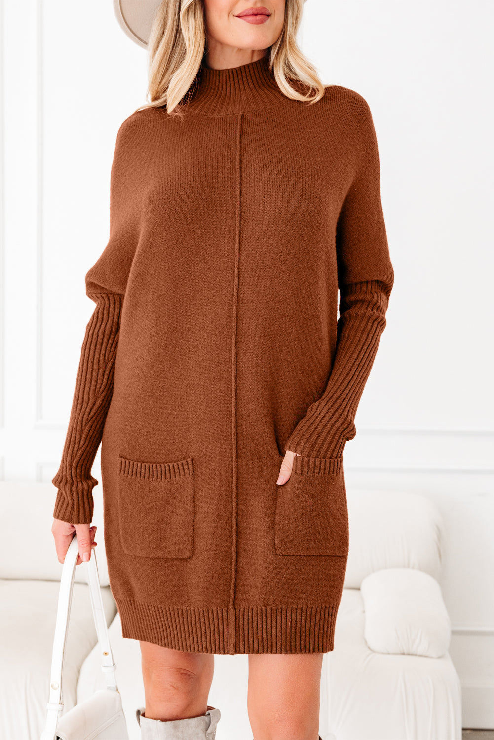 Ribbed High Neck Pocket Shift Knit Sweater Dress