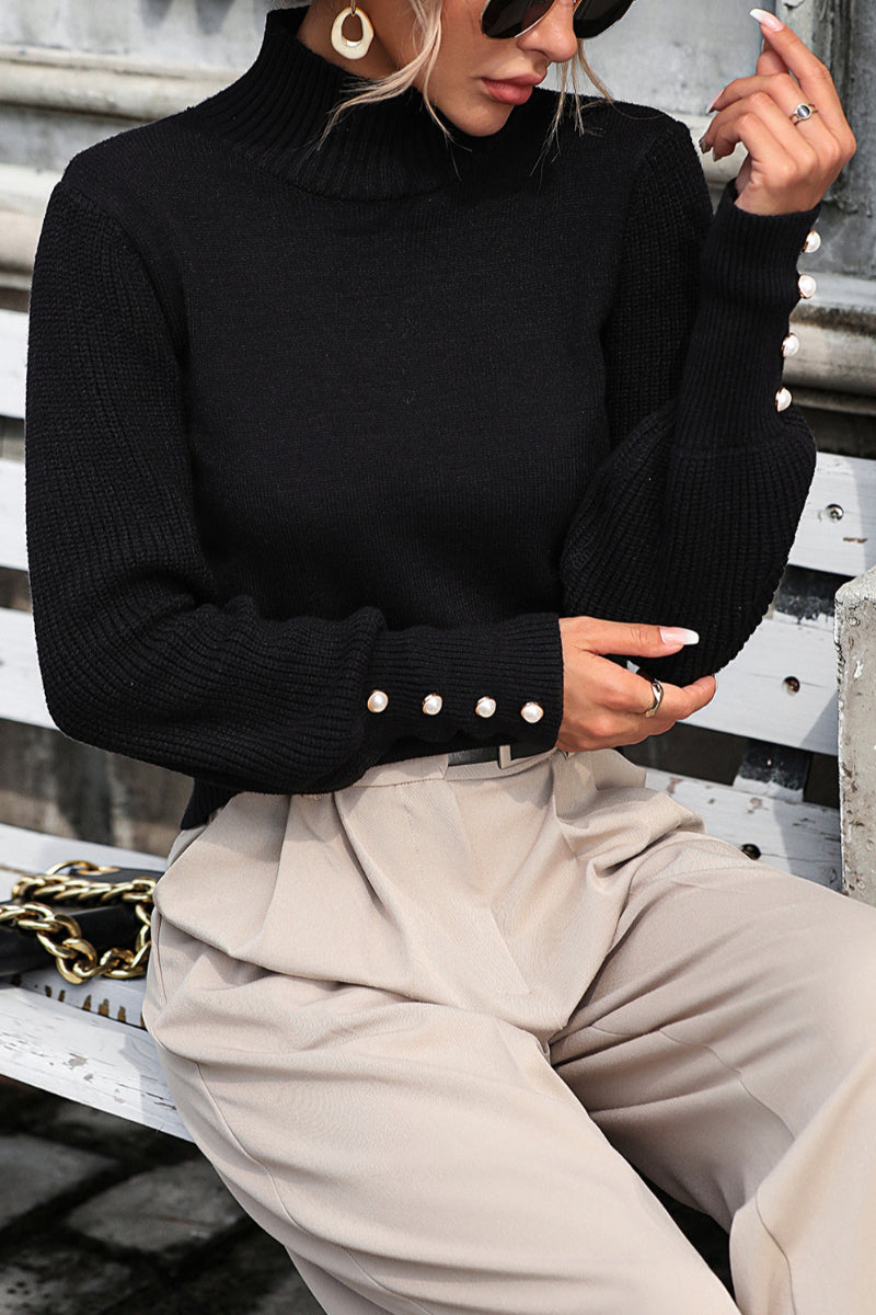 Womens Turtleneck Pearl Trim Knit Sweater Top