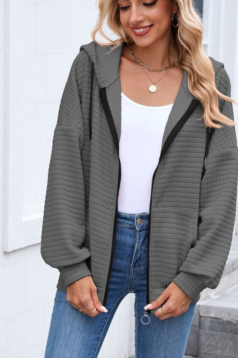 Quilted Zip-Up Hoodie Casual Long Sleeve Sweatshirt
