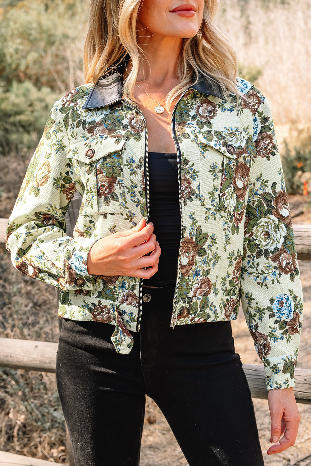 Floral Print Zip Up Contrast Collared Jacket