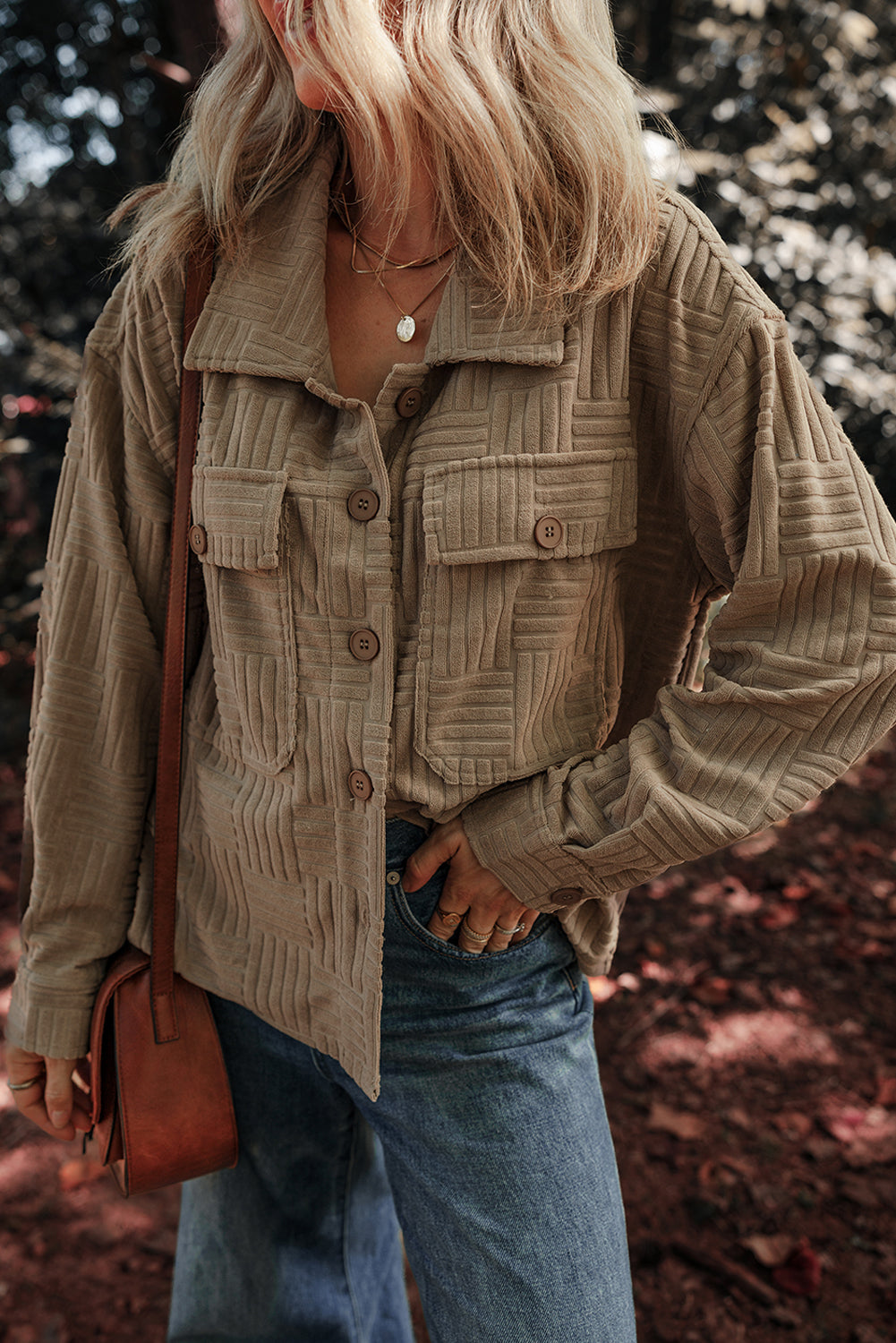 Dark Khaki Textured Button-up Shacket with Chest Pockets