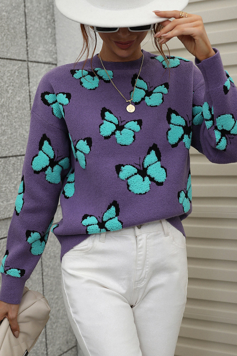 Womens Butterfly Print Crewneck Knit Sweater