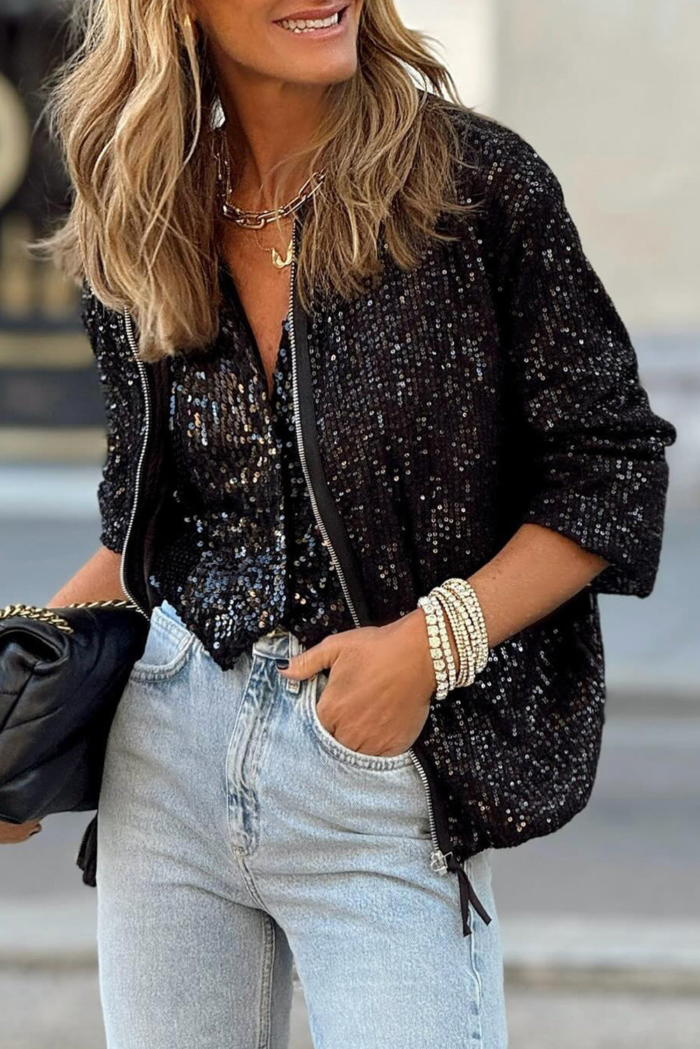 Apricot Sequin Zip-Up Jacket Long Sleeve Round Neck Party
