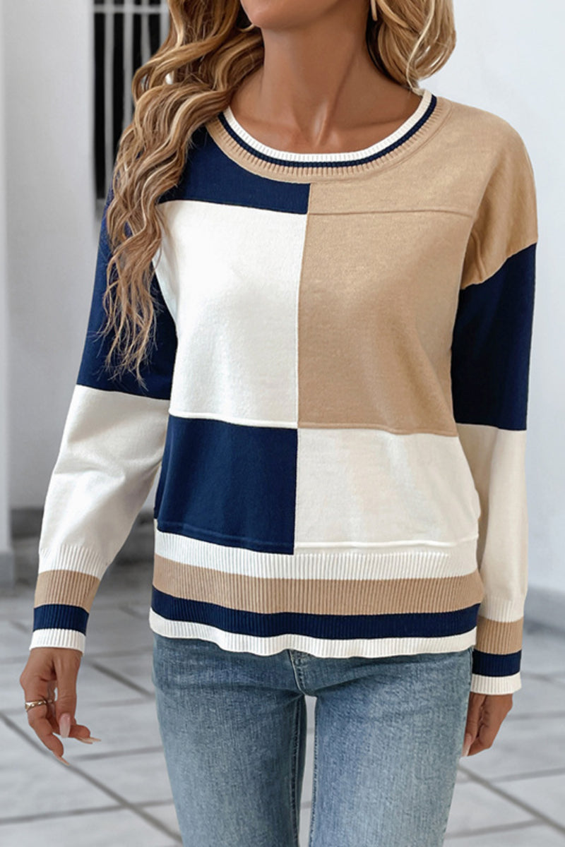 Colorblock Knit Pullover Crewneck Sweater Top