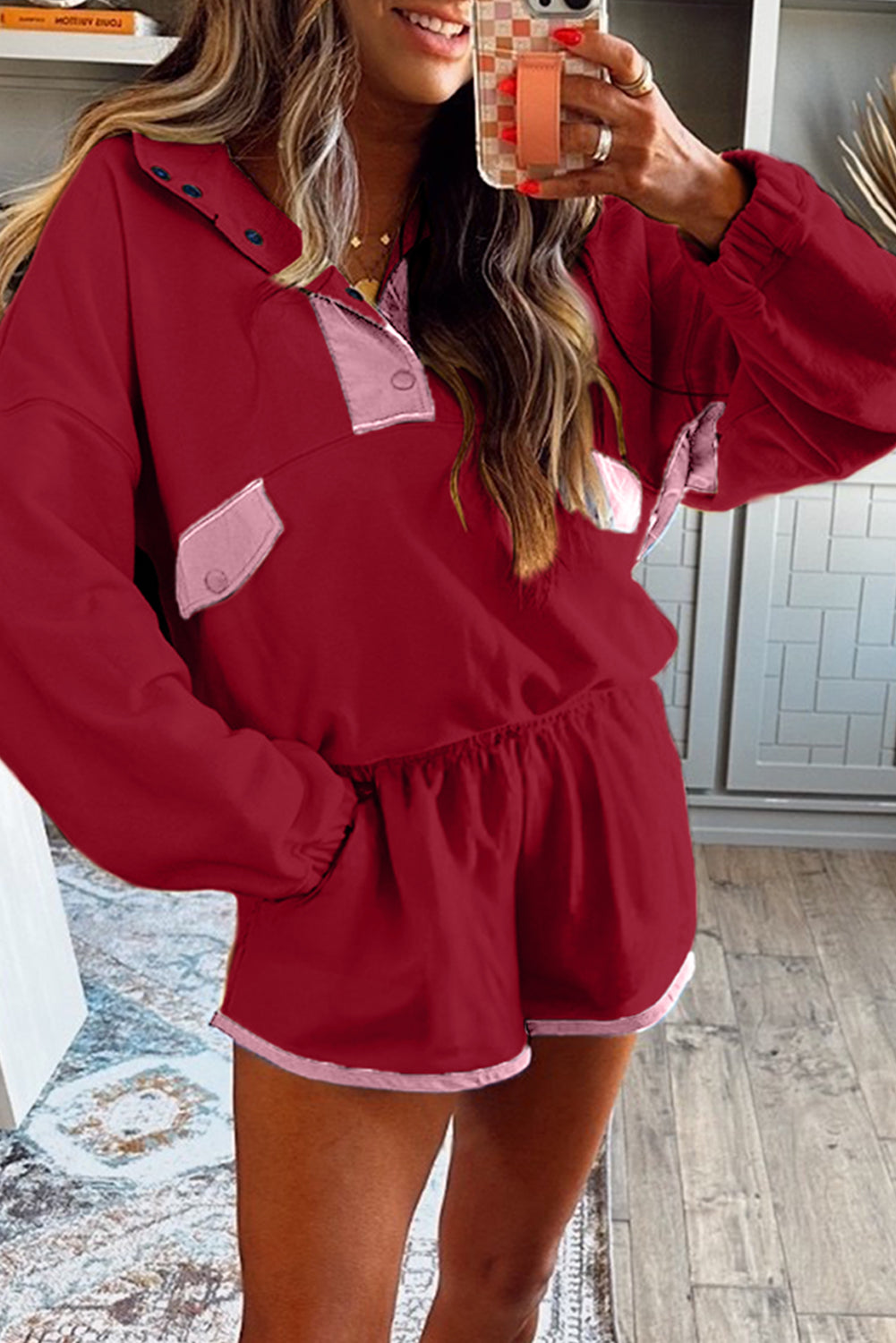 Yellow Color Block Patchwork Half Button Pullover and Shorts 2pcs Outfit