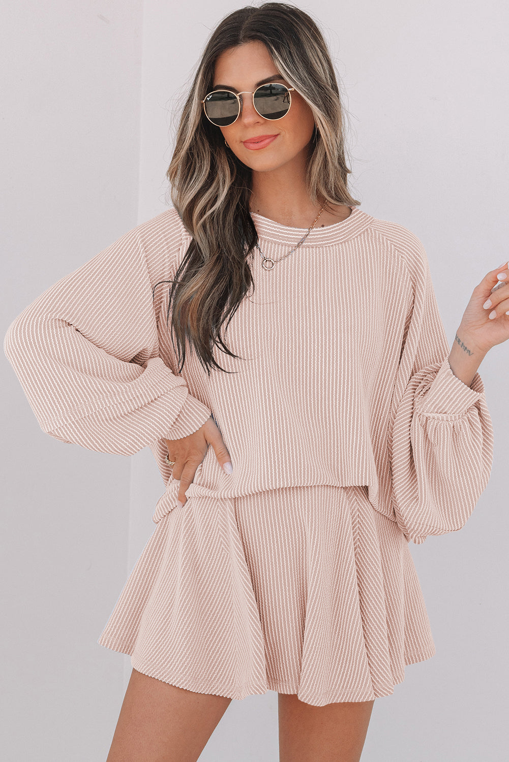 Corded Lantern Sleeve Top High Waist Ruffled Skirt Set