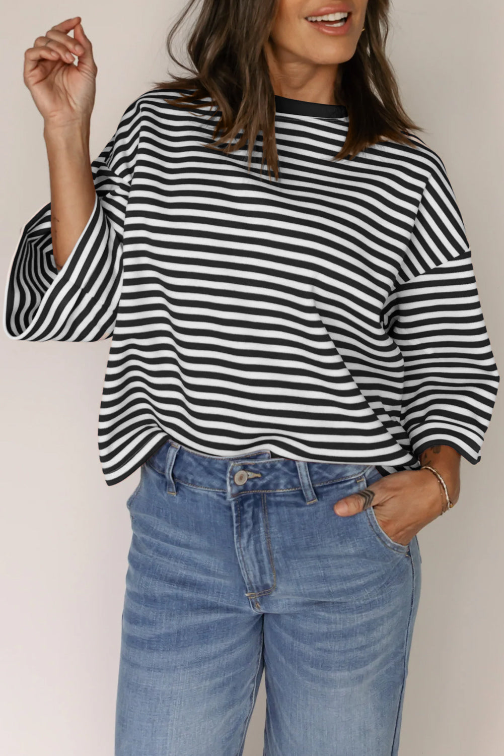Striped Bow Back Cutout Wide Sleeve Loose Top