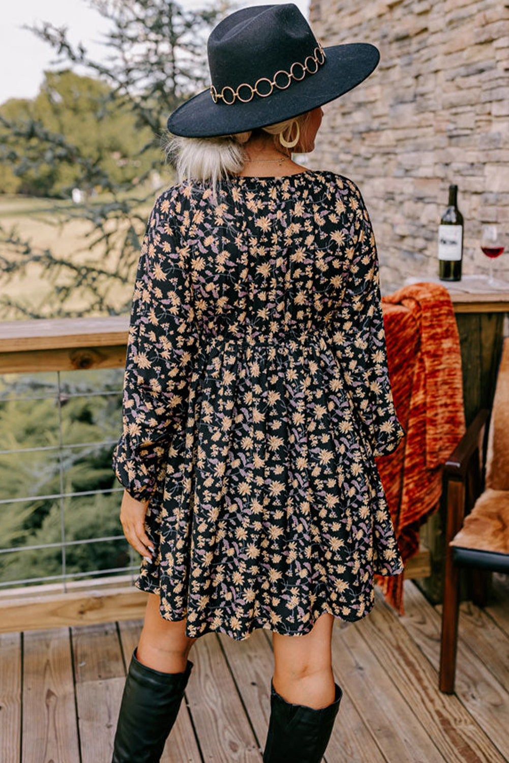 Floral V Neck Smocked Bust Bubble Sleeve Mini Dress