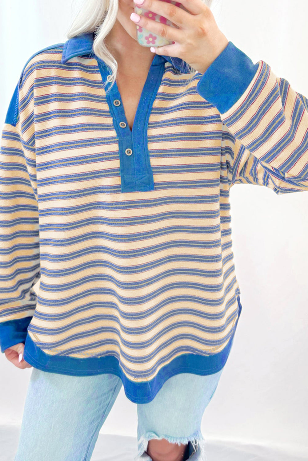 Buttoned V Neck Collared Drop Shoulder Top