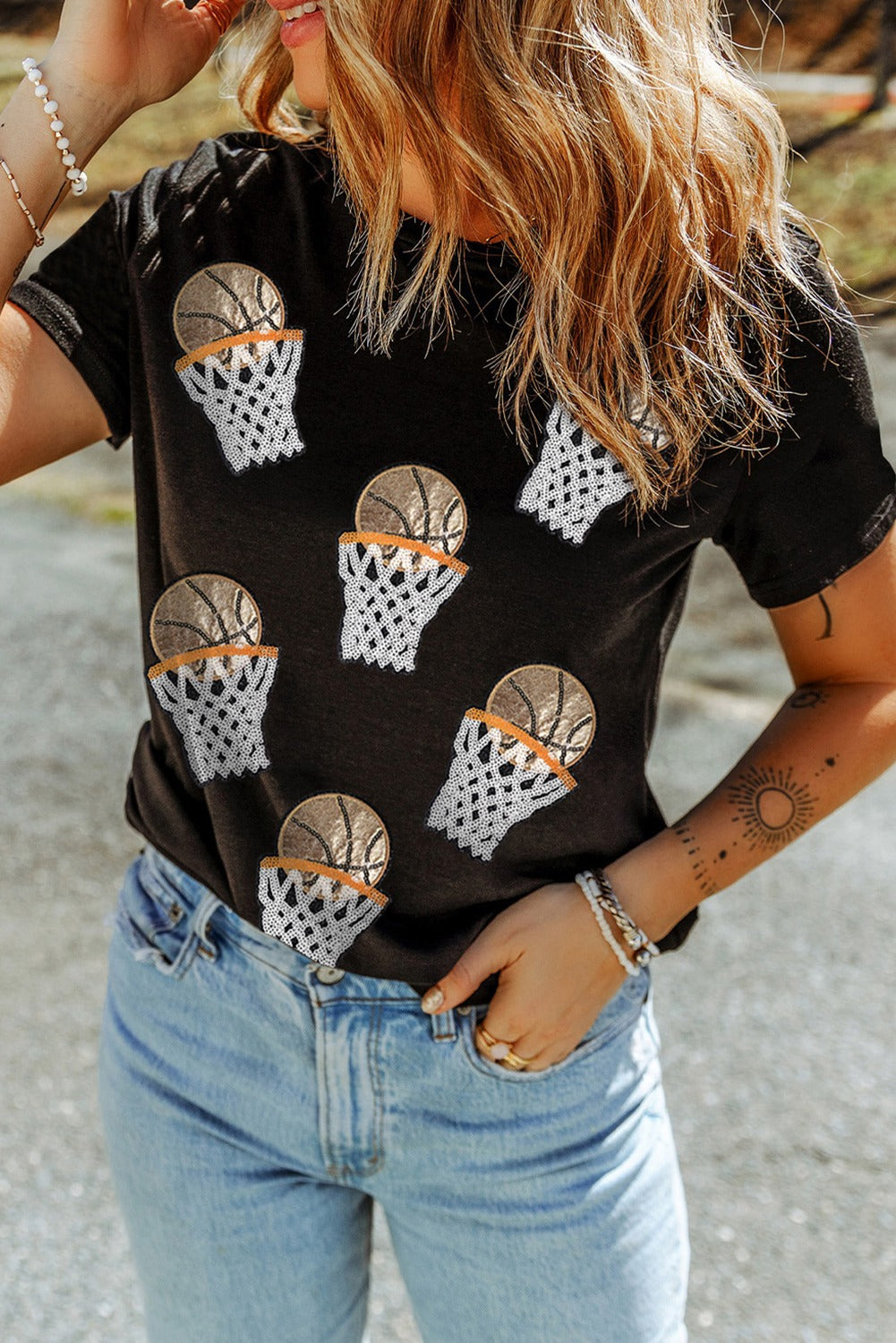 Black Sequin Basketball Patched T Shirt
