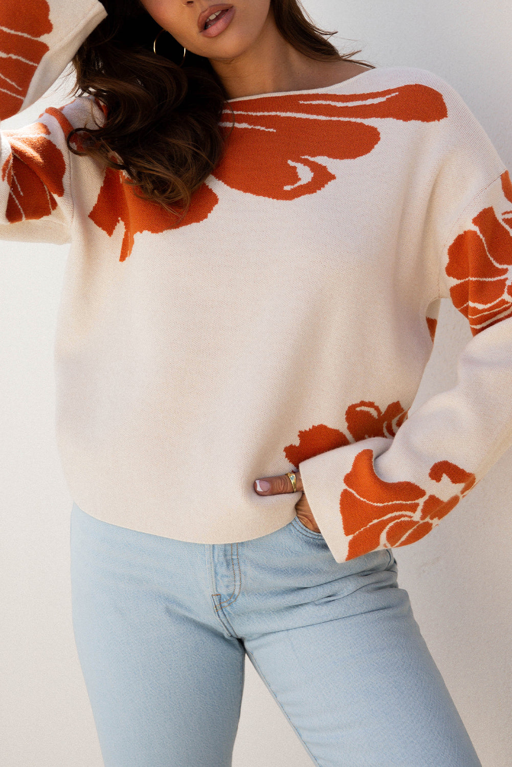 Bold Floral Pattern Wide Sleeve Oversized Sweater