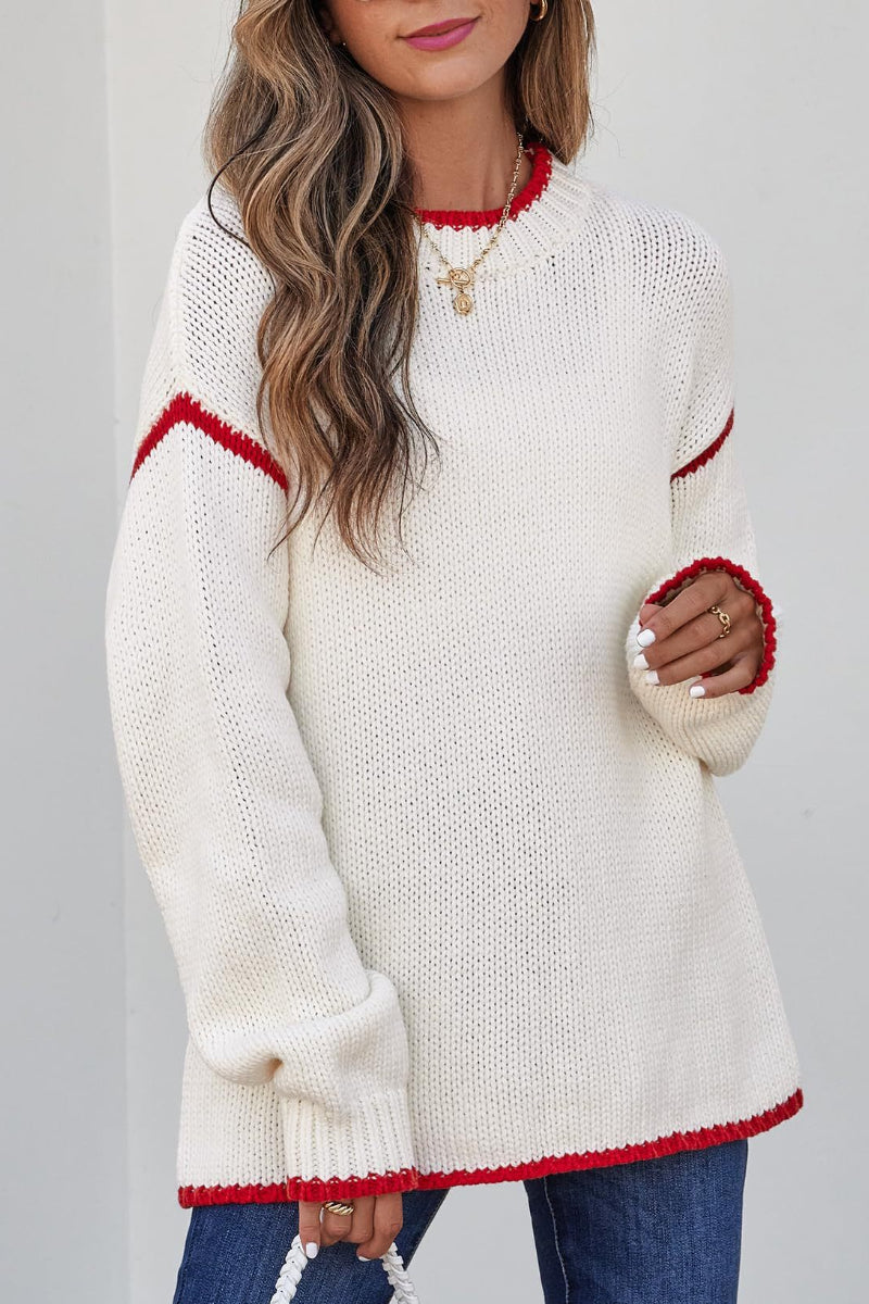 Women Color Block Crew Neck Pullover Sweater