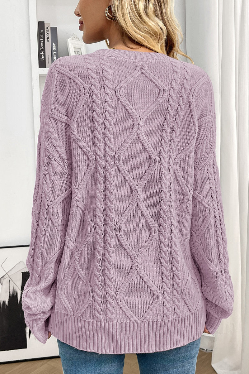 Women Cable Knit Crew Neck Pullover Sweater