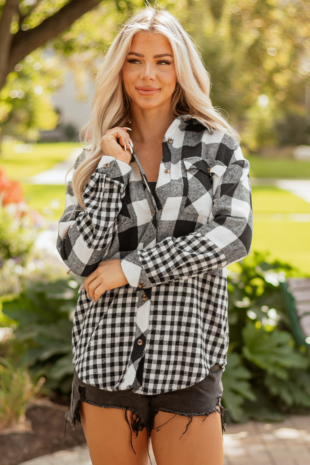 Casual Plaid Hoodie Drawstring Button Shacket