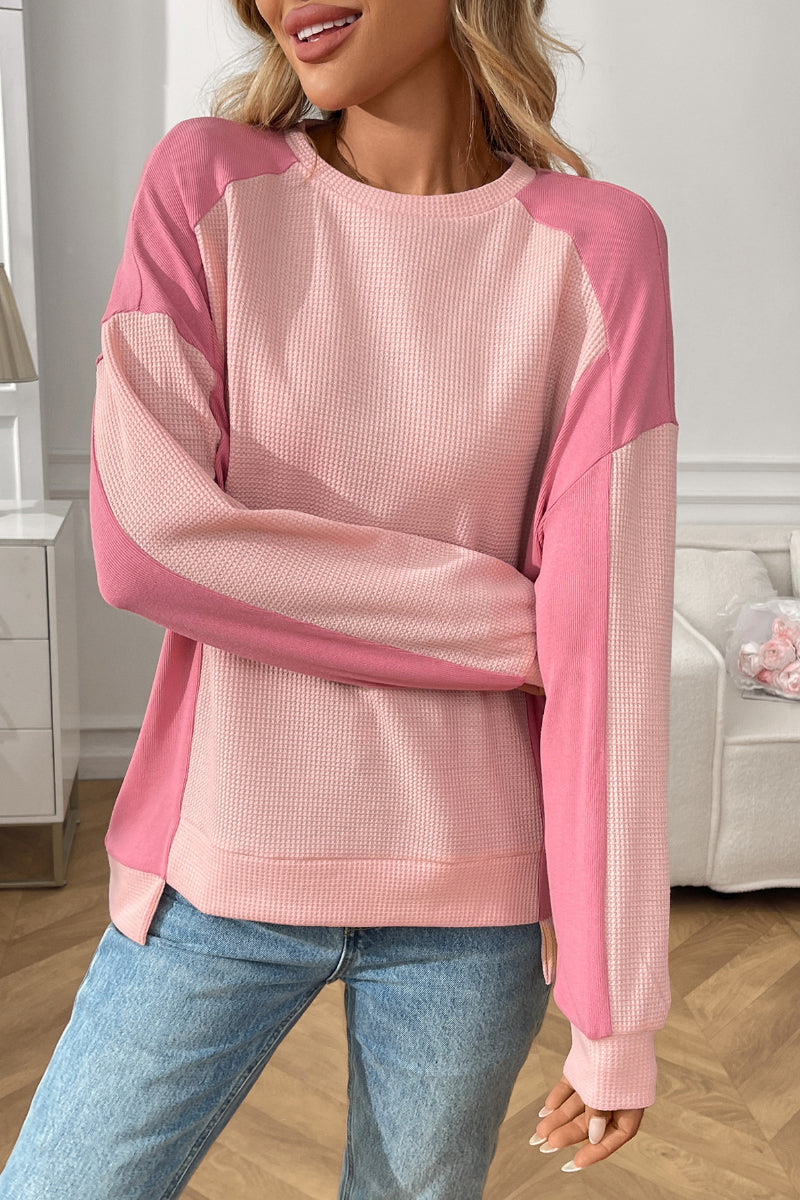 Colorblock Waffle Knit Crewneck Long Sleeve Top