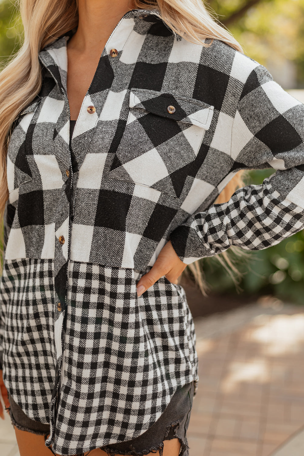 Casual Plaid Hoodie Drawstring Button Shacket