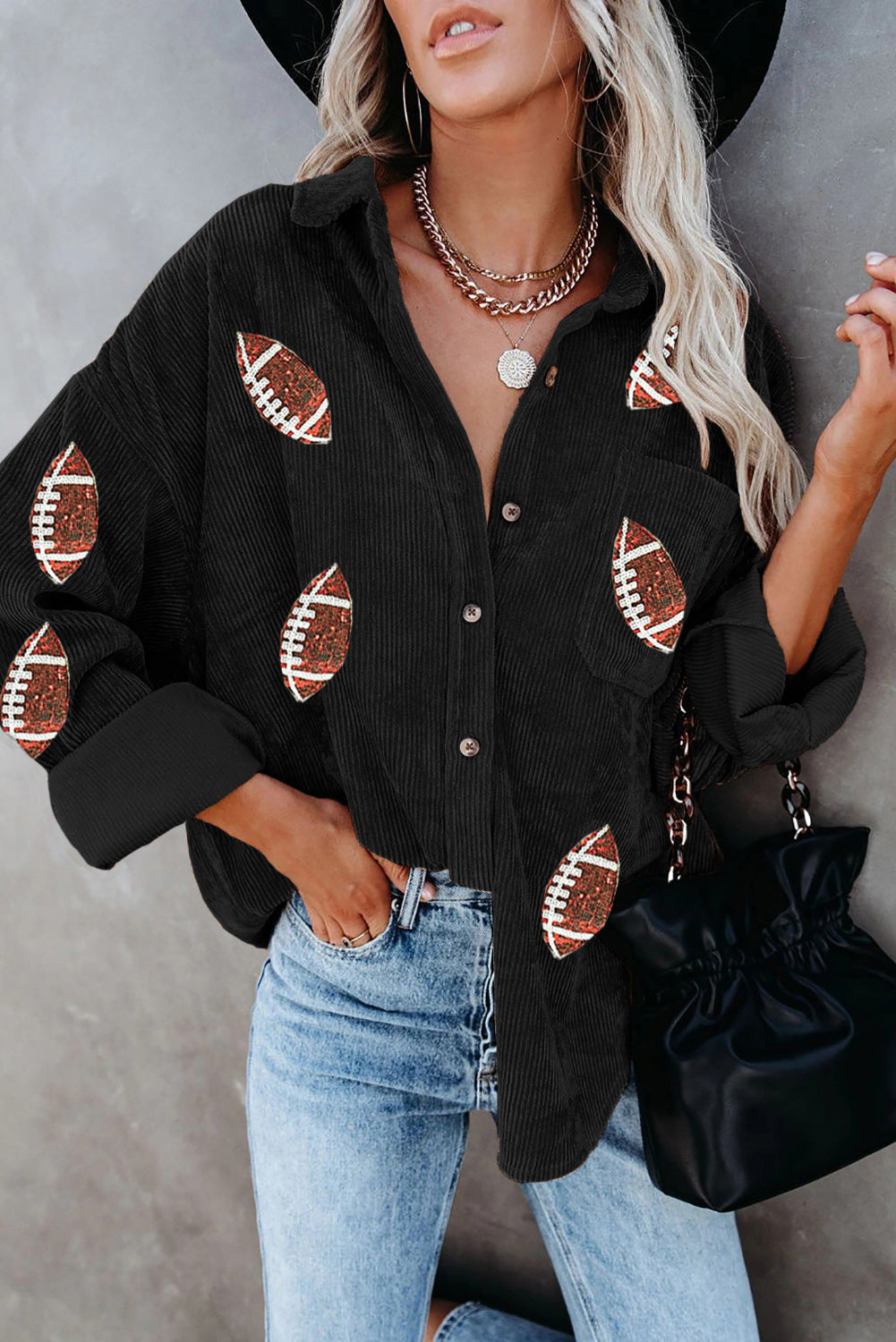 Rugby Sequin Pattern Corduroy Shacket for Halloween and Thanksgiving