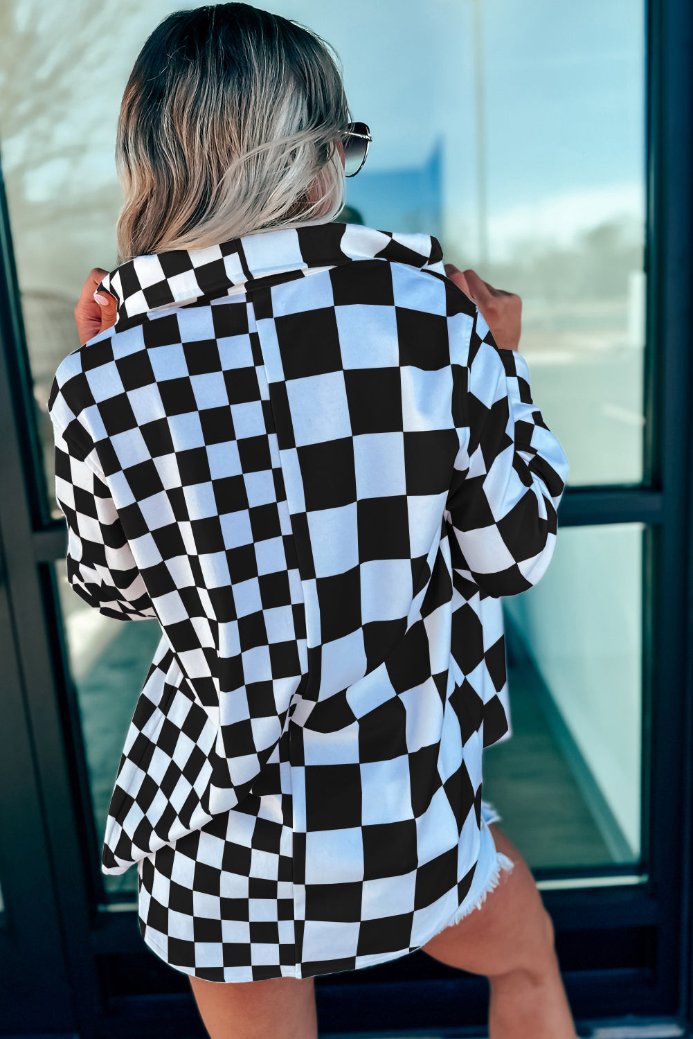 Checkerboard Plaid Button Front Casual Shacket