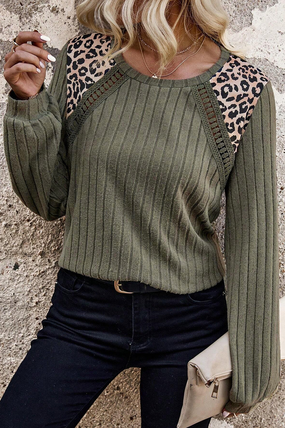 Moss Green Rib Knit Top with Leopard Patchwork