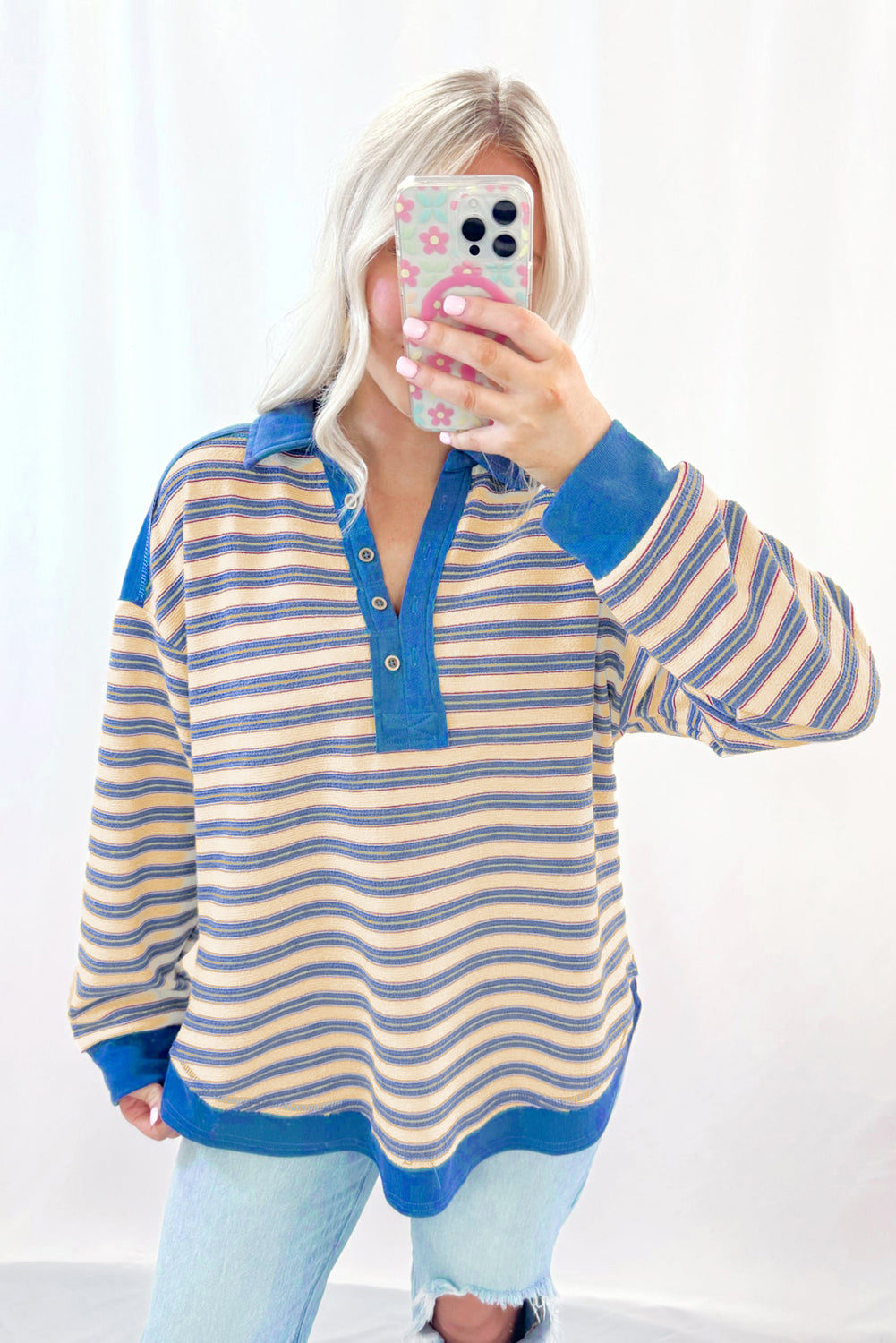 Buttoned V Neck Collared Drop Shoulder Top