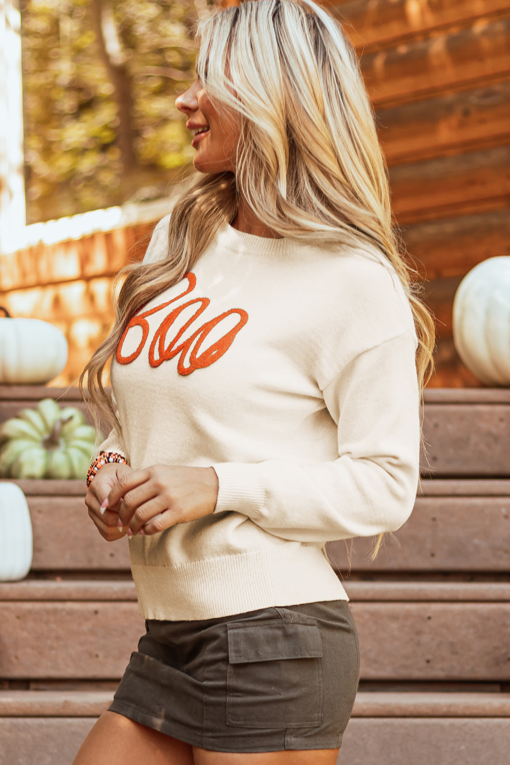 Boo Knitted Pattern Ribbed Edge Drop Sweater