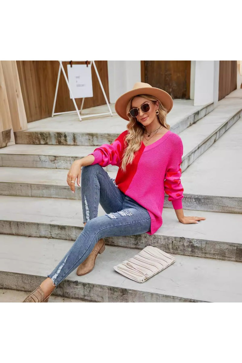 Color Block Leopard Print V Neck Sweater for Women