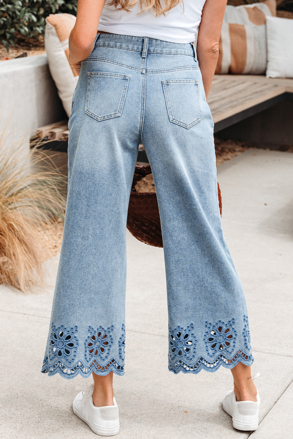 Embroidered Eyelet Wide Leg Cropped Jeans