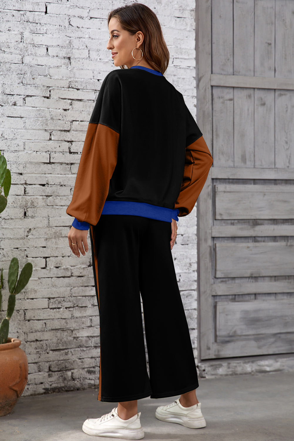 2pcs Color Block Casual Pullover Pant Set