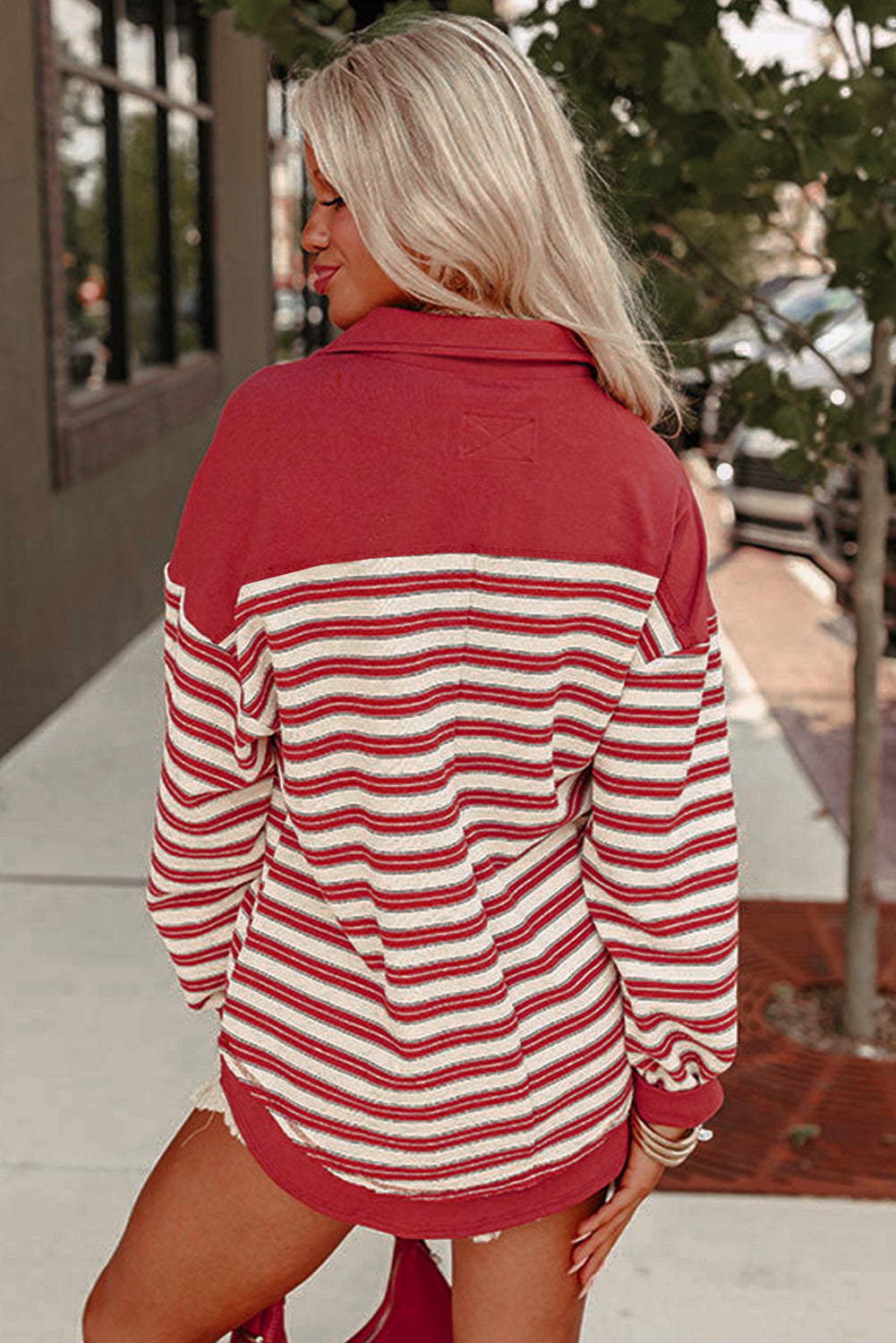 Buttoned V Neck Collared Drop Shoulder Top