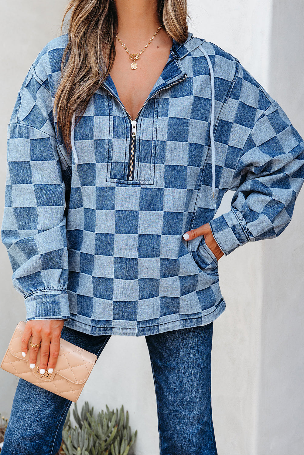 Checkerboard Quarter Zip Kangaroo Pocket Denim Top