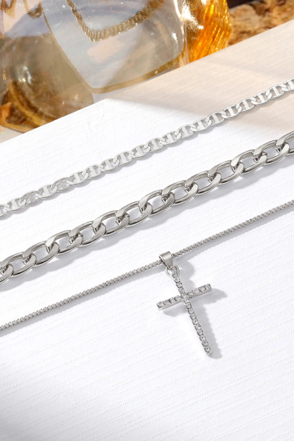 Gold Cross Rhinestone Layered Chain Necklace