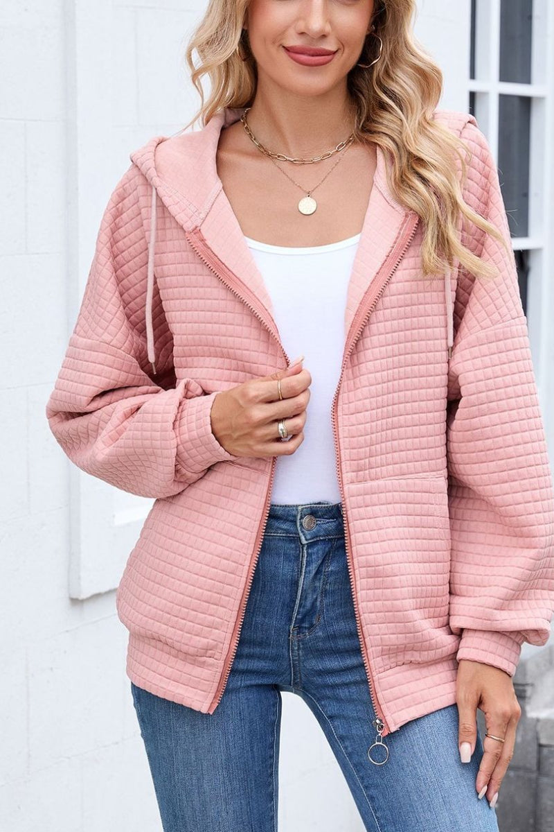 Quilted Zip-Up Hoodie Casual Long Sleeve Sweatshirt