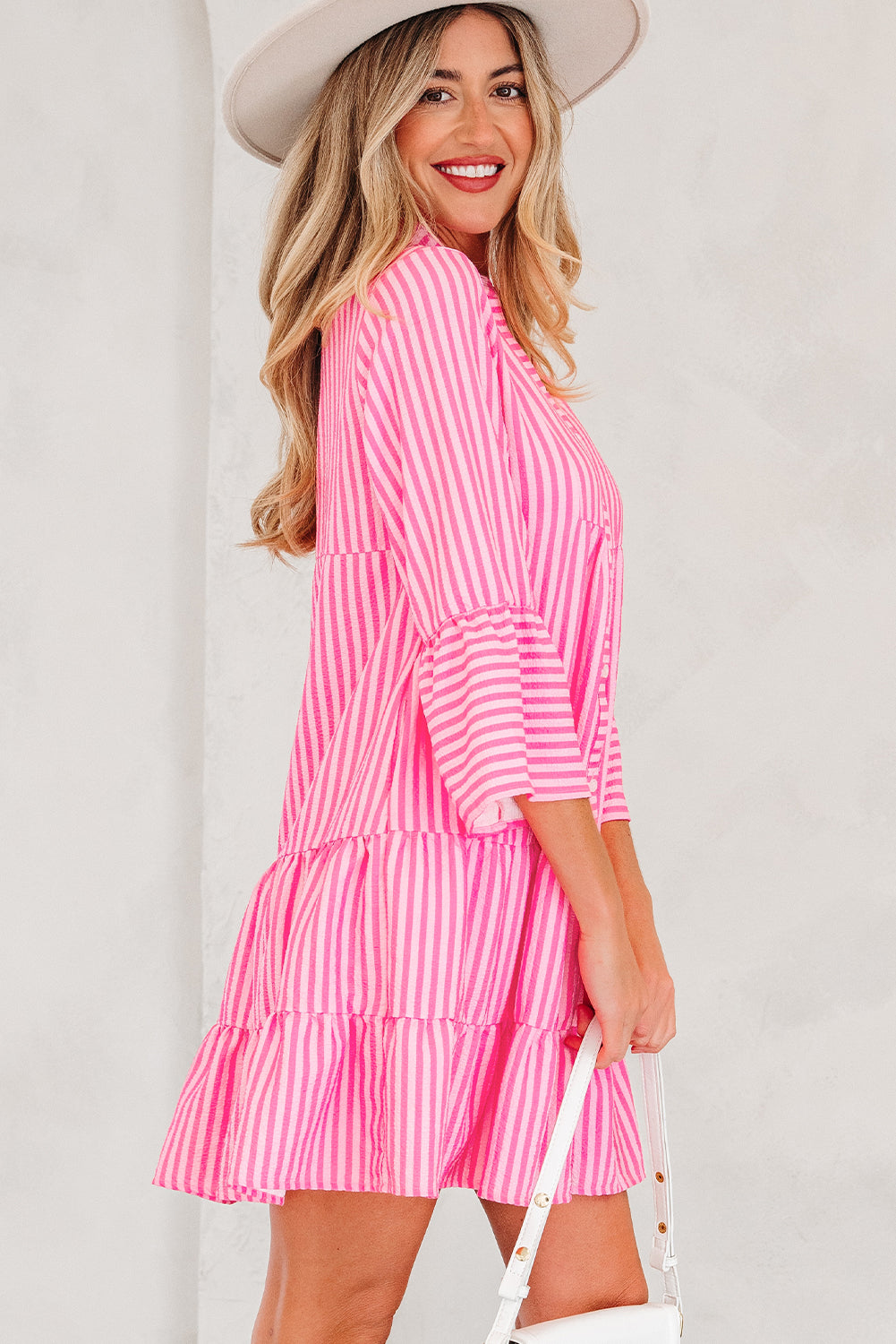 Pink Stripe V Neck Flare Sleeve Mini Dress