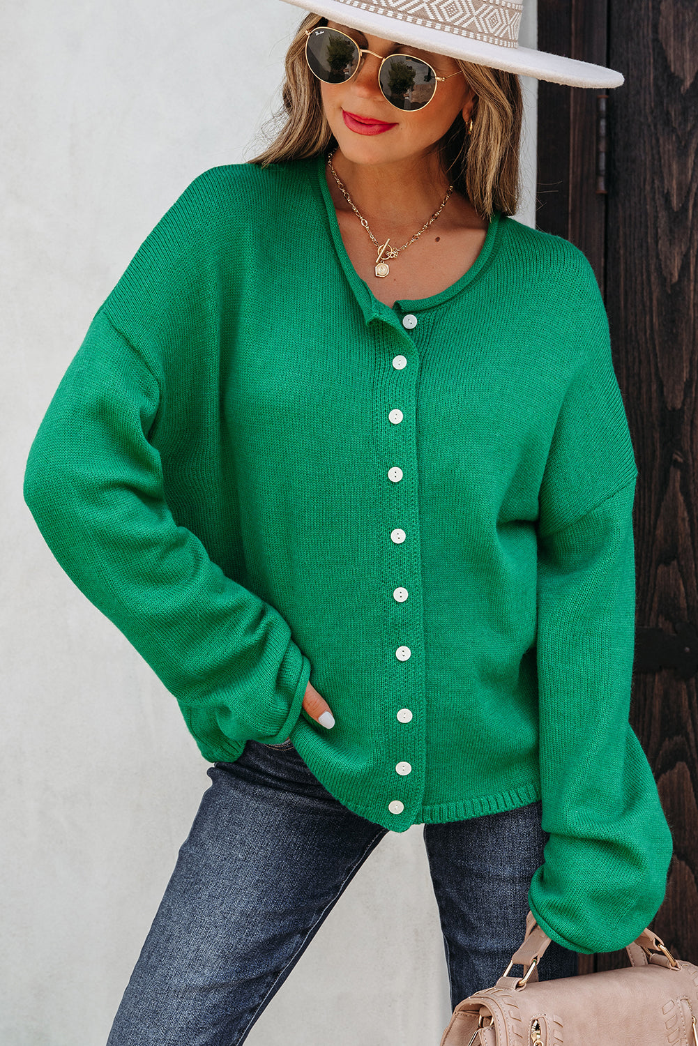 Bright Green Knit Button Front Drop Shoulder Cardigan