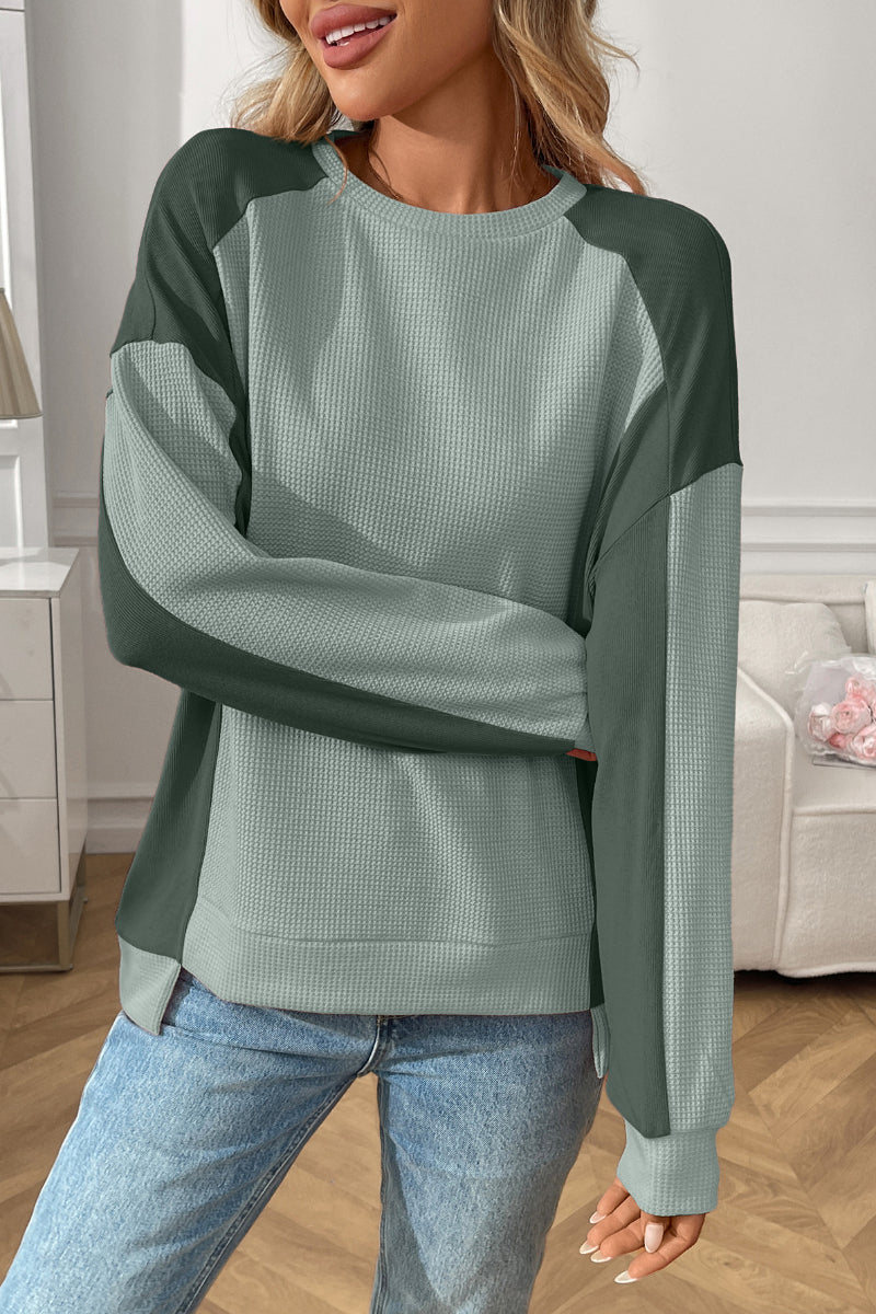 Colorblock Waffle Knit Crewneck Long Sleeve Top