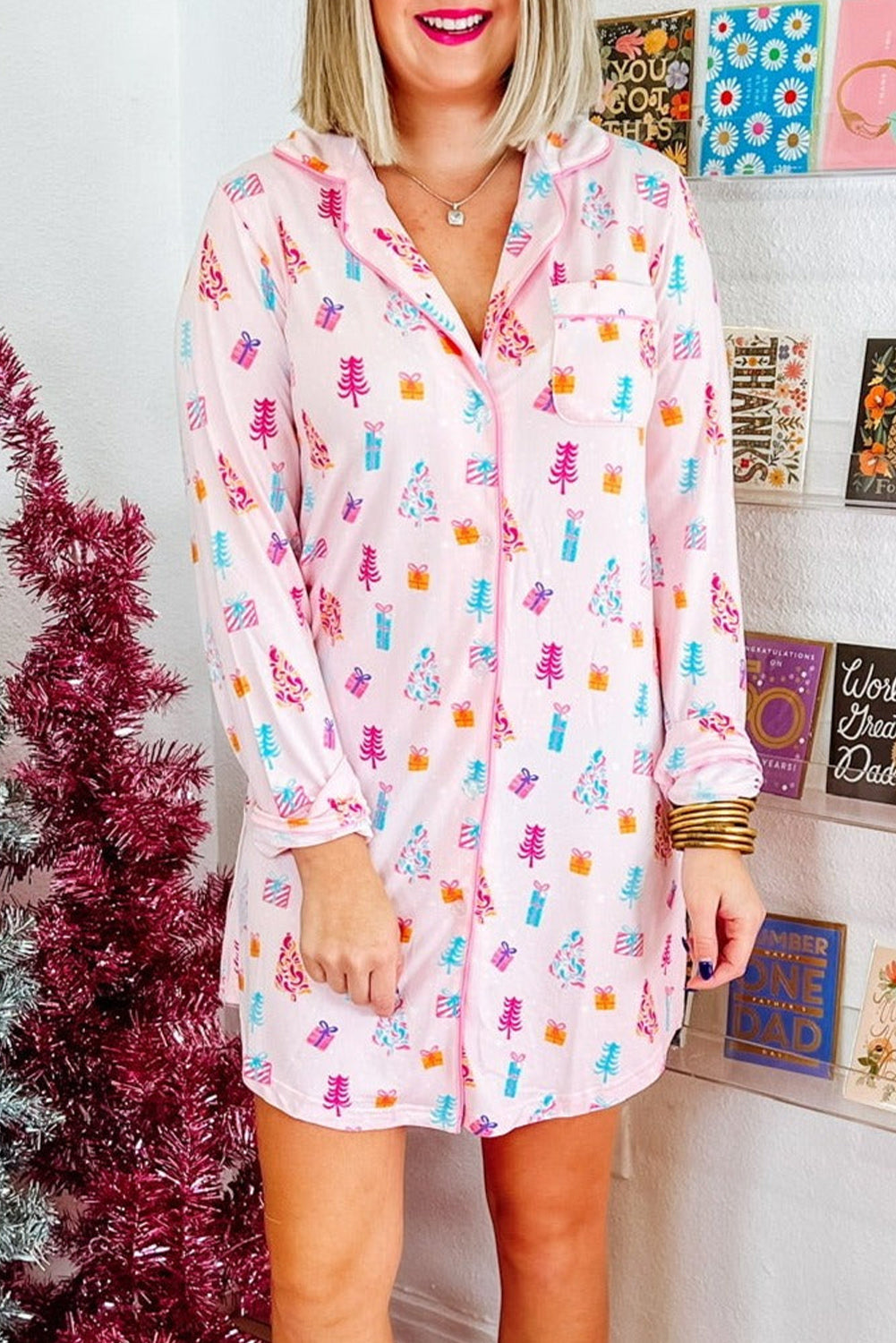 Pink Christmas Tree Print Button-Down Sleep Dress