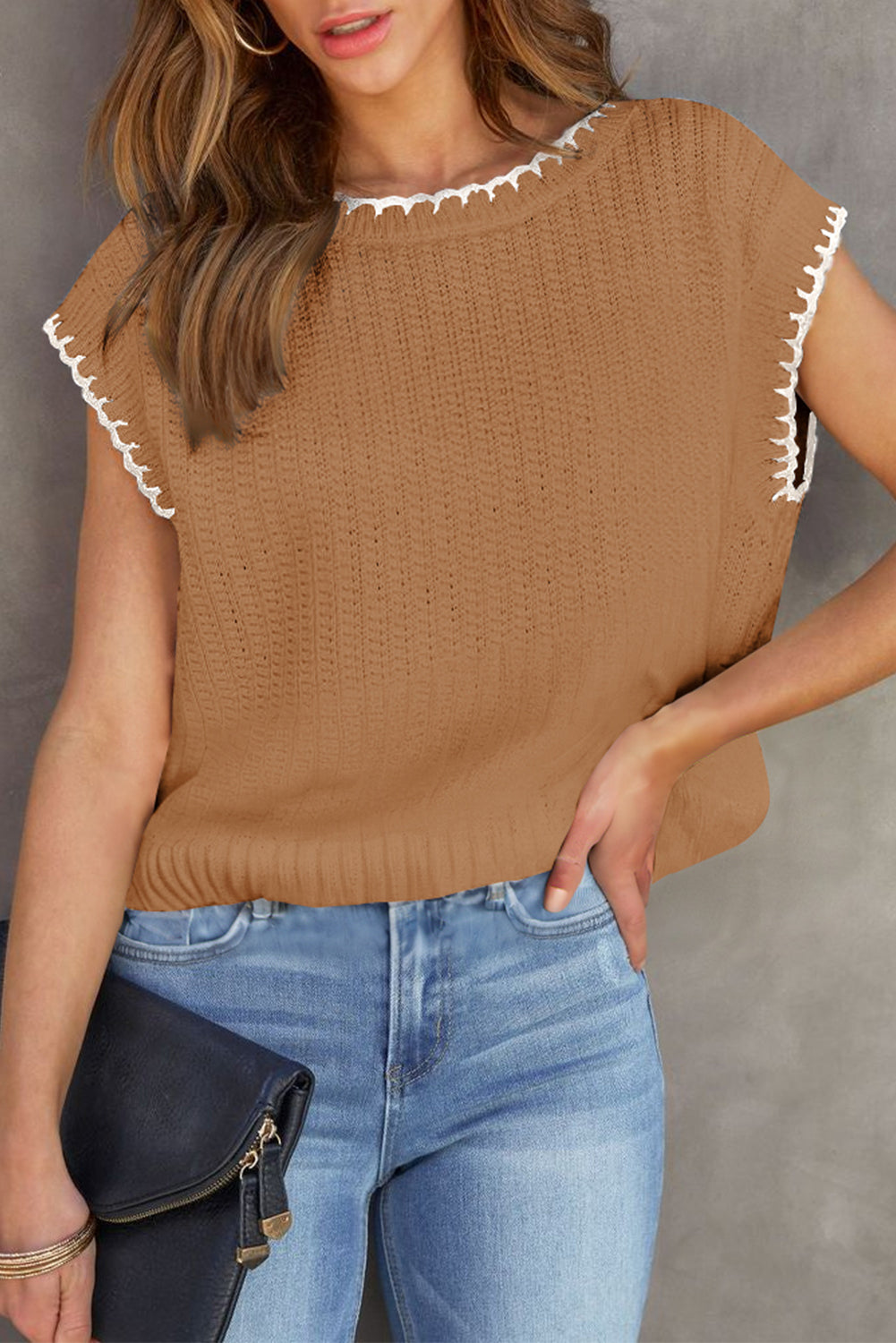 Beige Contrast Trim Boxy Fit Knit Short Sleeve Sweater Top